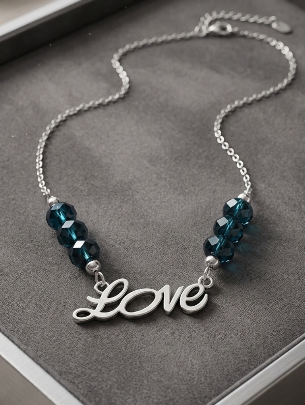 Silver LOVE necklace with Shimmery blue crystal beads Handmade Handcrafted NWT